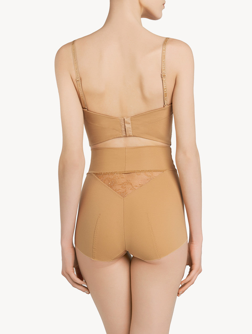 Shape Allure Beige Lycra strapless brassiere with Chantilly lace
