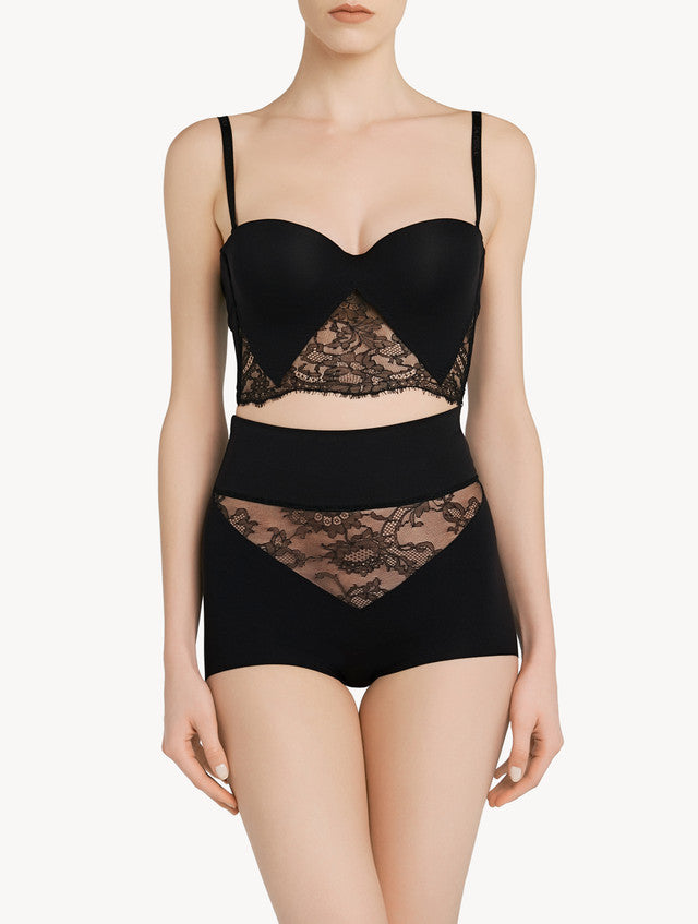 Shape Allure Schwarzer trägerloser Lycra-BH mit Chantilly-Spitze