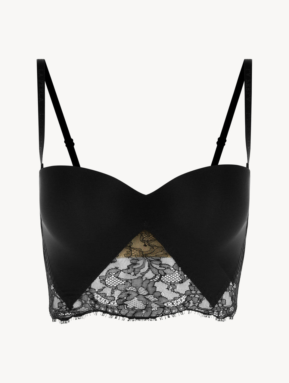 Shape Allure Schwarzer trägerloser Lycra-BH mit Chantilly-Spitze