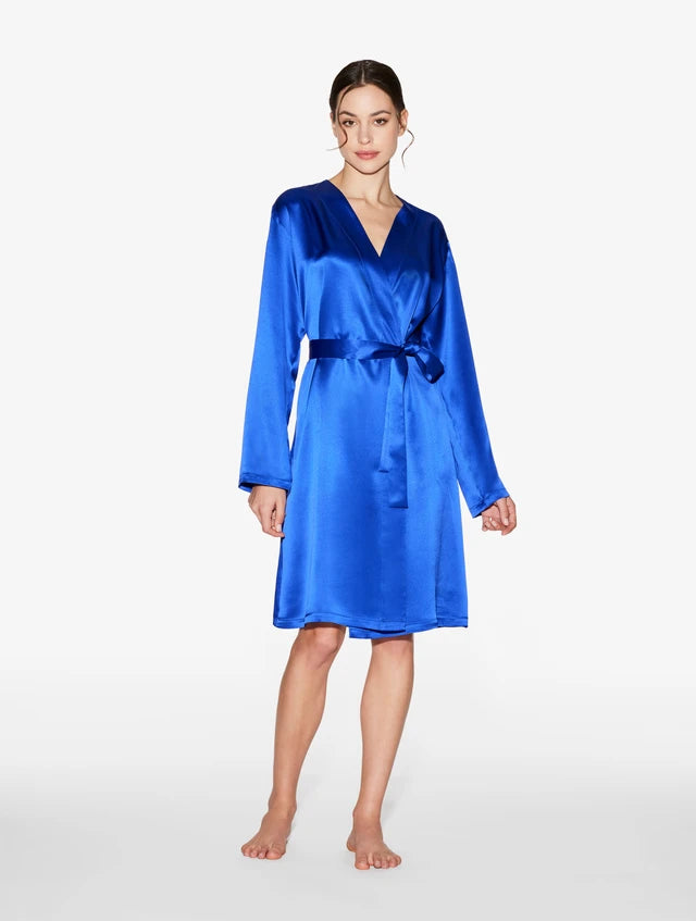 Silk Short Peignoir in Electric Blue