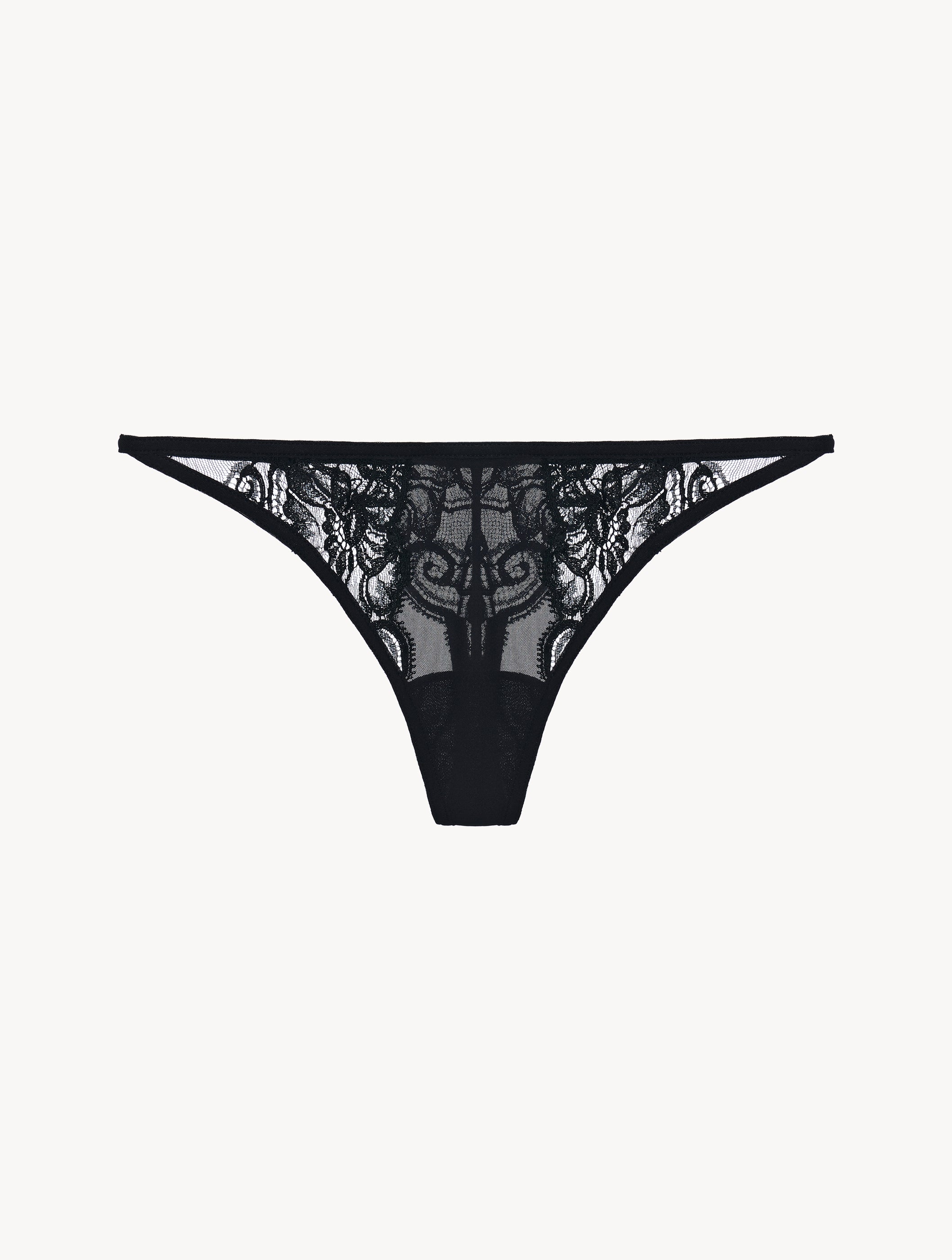 Ambra Thong in black tulle and Leavers lace