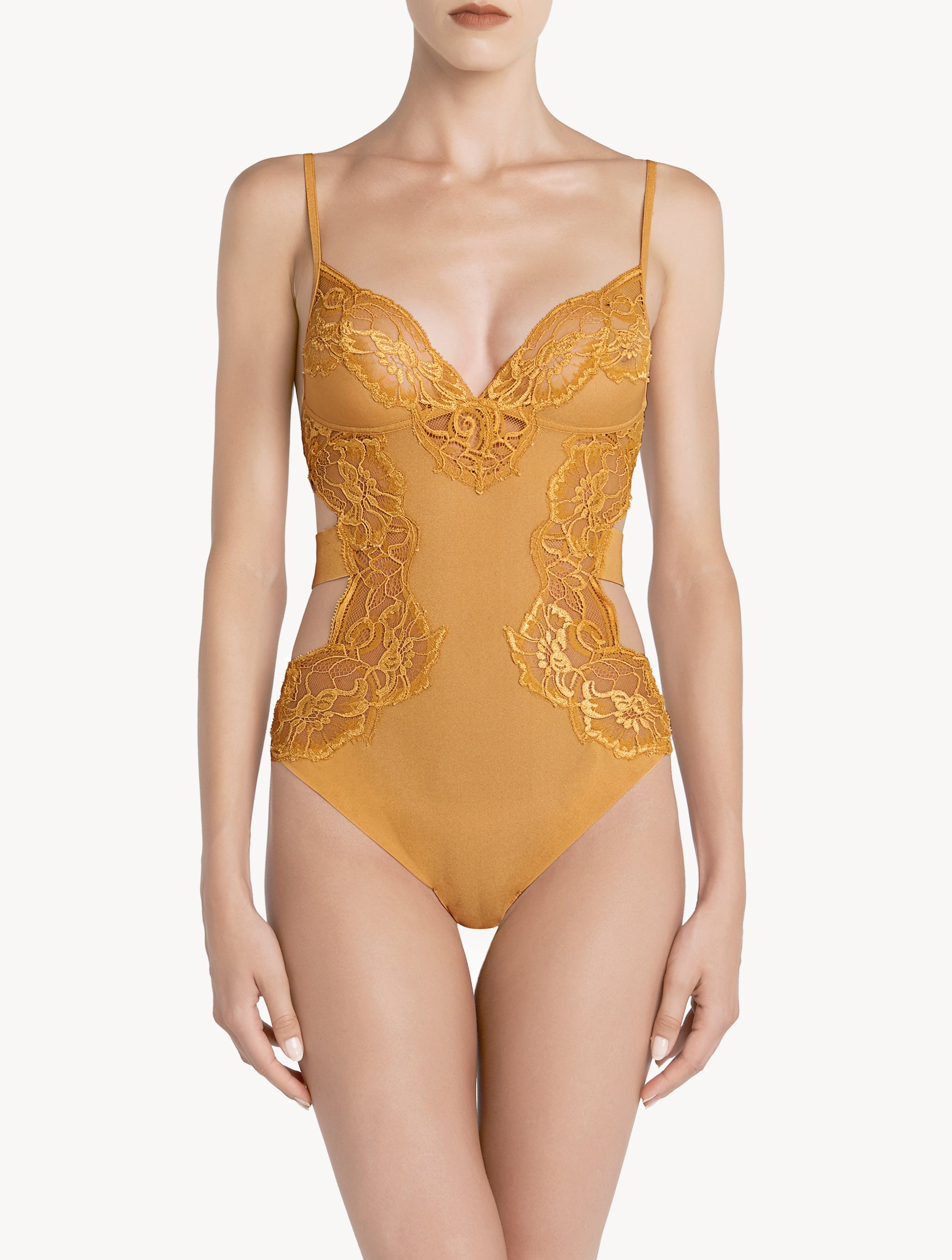 Ambra Bodysuit in yellow tulle and Leavers lace