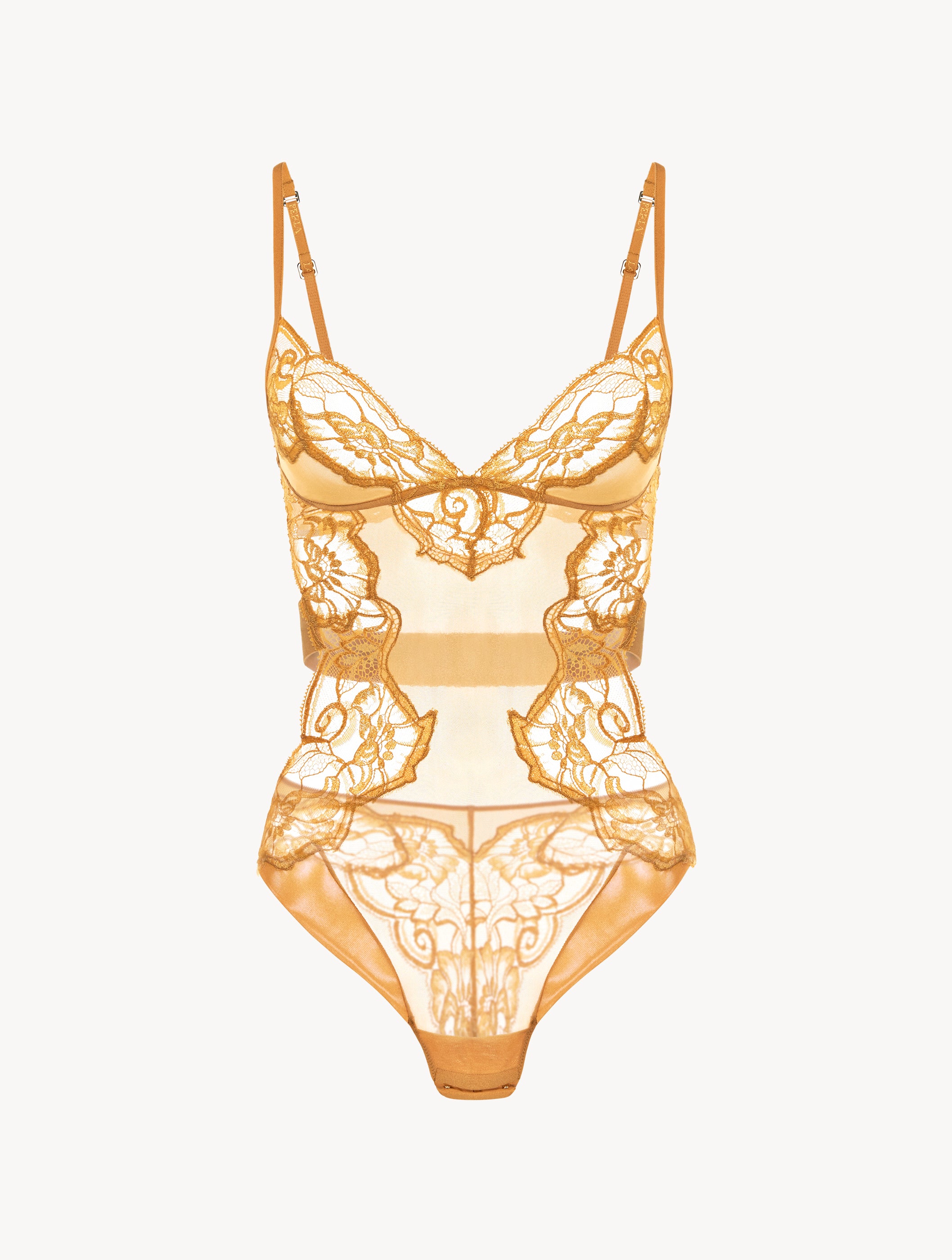Ambra Body giallo in tulle e pregiato pizzo Leavers