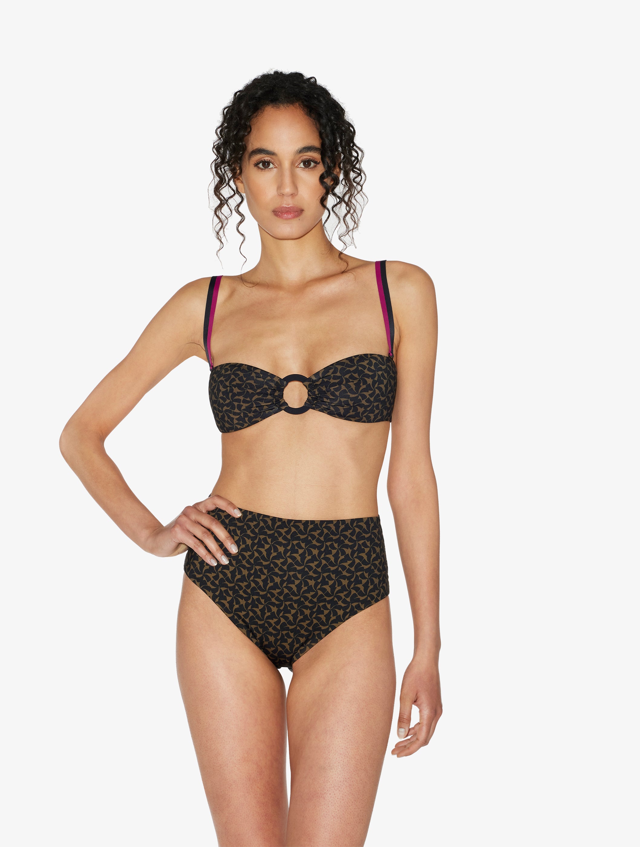 Summer Winds High-waisted belted bikini briefs in Dark Green and Black